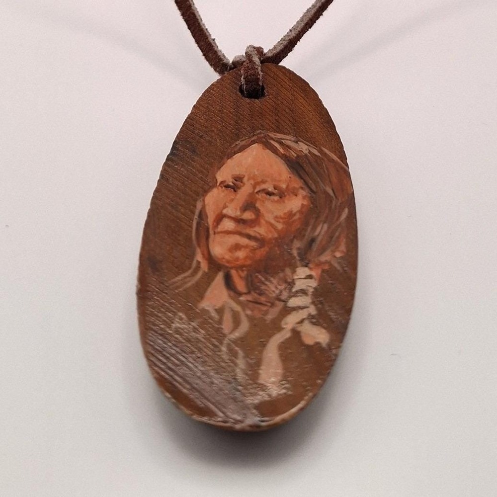 Hand painted wood portrait Native American chief elder pendant southwestern